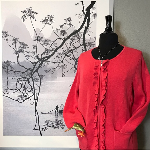 Talbots Ruffled Full Zip Office Cardigan Sweater Pockets - Picture 3 of 8